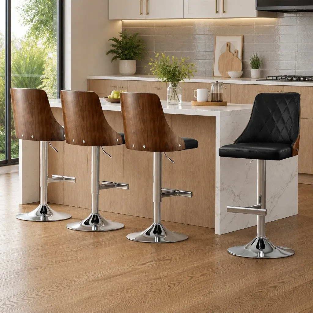 Bar Stools Set of 4 Adjustable Height Swivel Black Leather Kitchen Counter