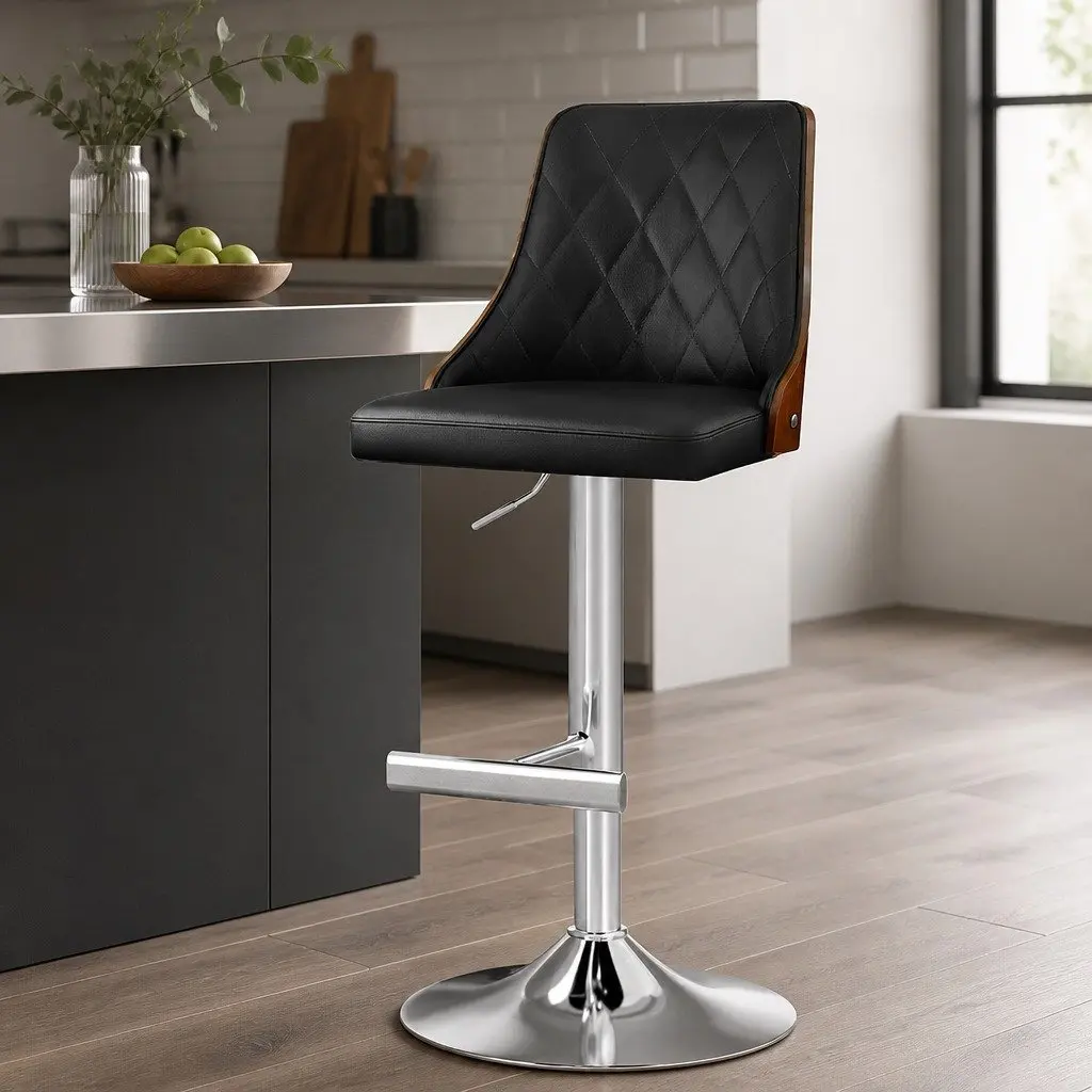Bar Stool Swivel Adjustable Height Black Leather Kitchen Counter Bentwood