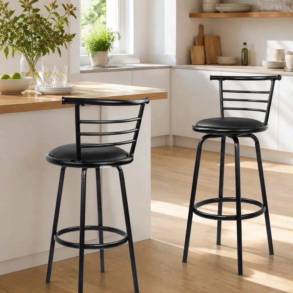Bar Stools Swivel Black 360° Swivel Seat Ergonomically Curved Backrest Integrated Footrest Set of 2