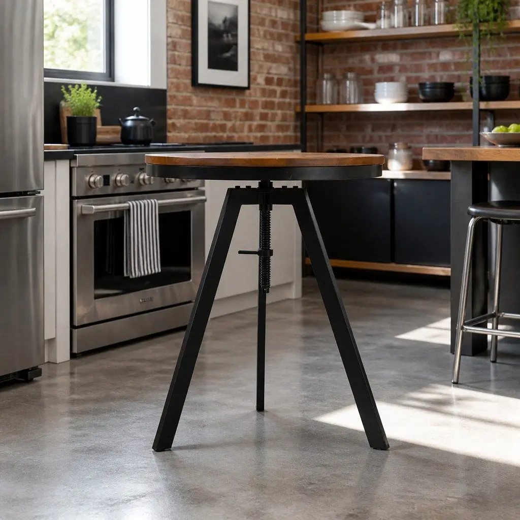 Round Adjustable Height Dining Table Industrial Design Steel Frame 67-86CM