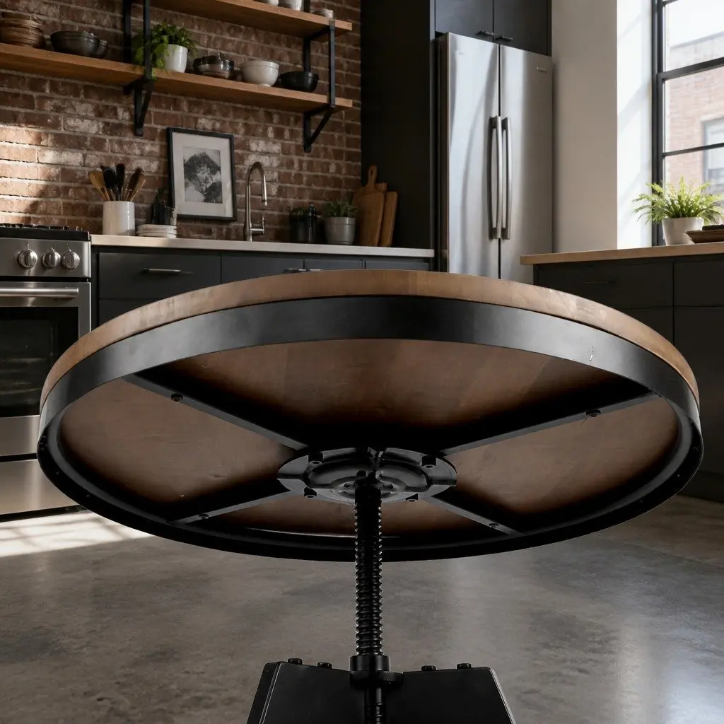 Round Adjustable Height Dining Table Industrial Design Steel Frame 67-86CM
