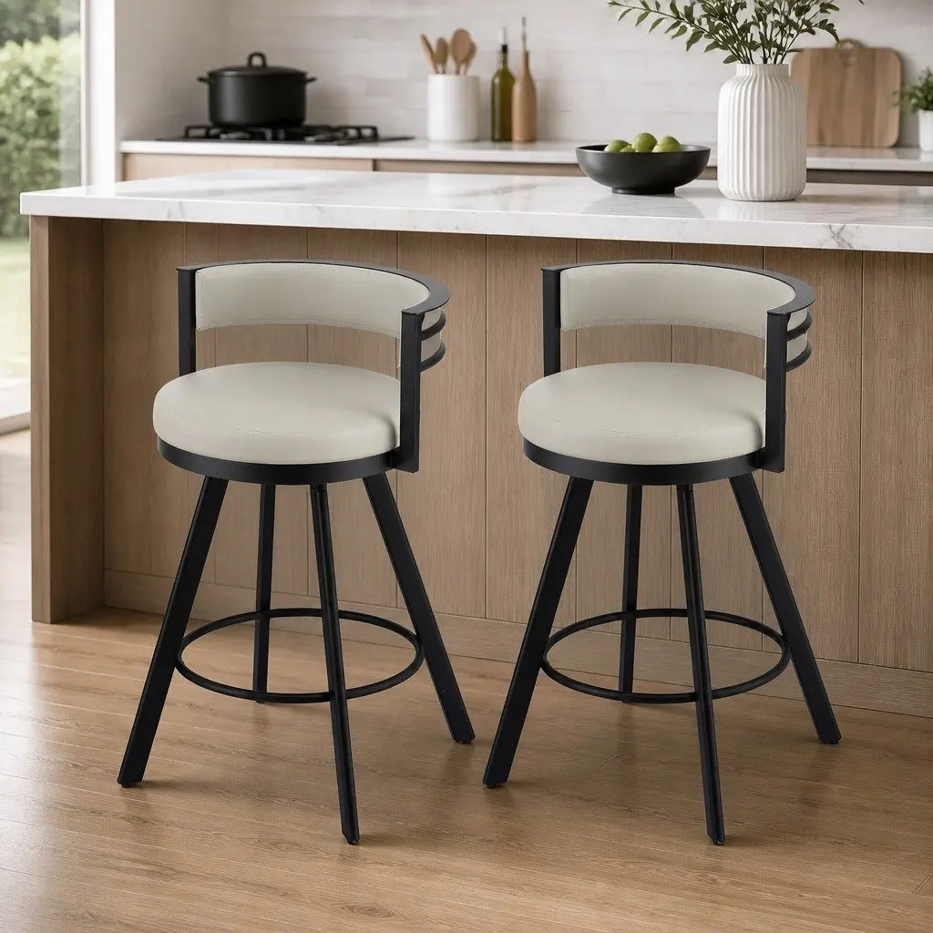 Bar Stools Set of 2 360 Degree Swivel Beige Padded Seat Metal Frame