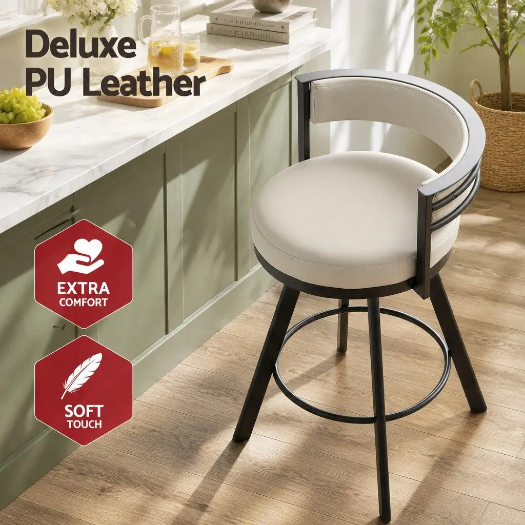 Bar Stools Set of 2 360 Degree Swivel Beige Padded Seat Metal Frame