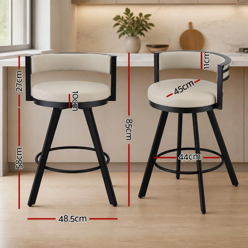Bar Stool Beige PU Leather Swivel Chair 360 Degree Rotating Seat Padded Backrest Metal Frame