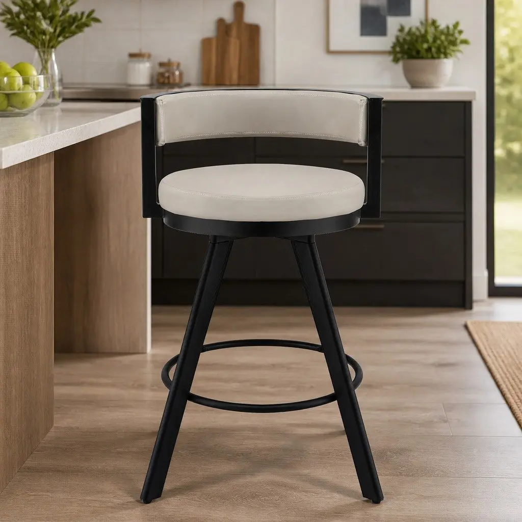 Bar Stool Beige PU Leather Swivel Chair 360 Degree Rotating Seat Padded Backrest Metal Frame