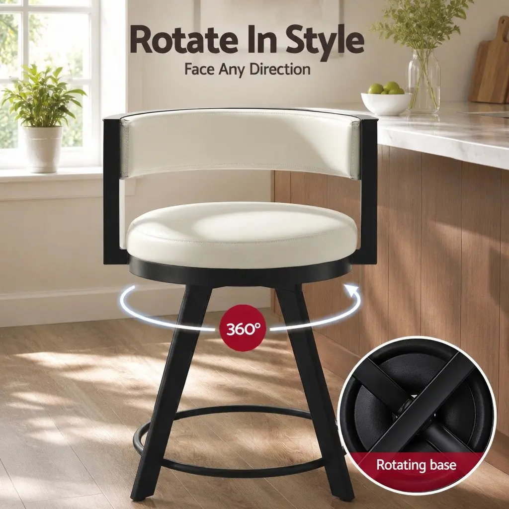 Bar Stool Beige PU Leather Swivel Chair 360 Degree Rotating Seat Padded Backrest Metal Frame