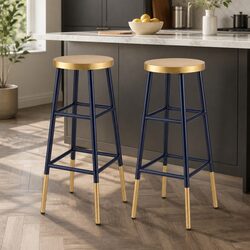 Set of 2 Modern Bar Stools in Gold and Navy