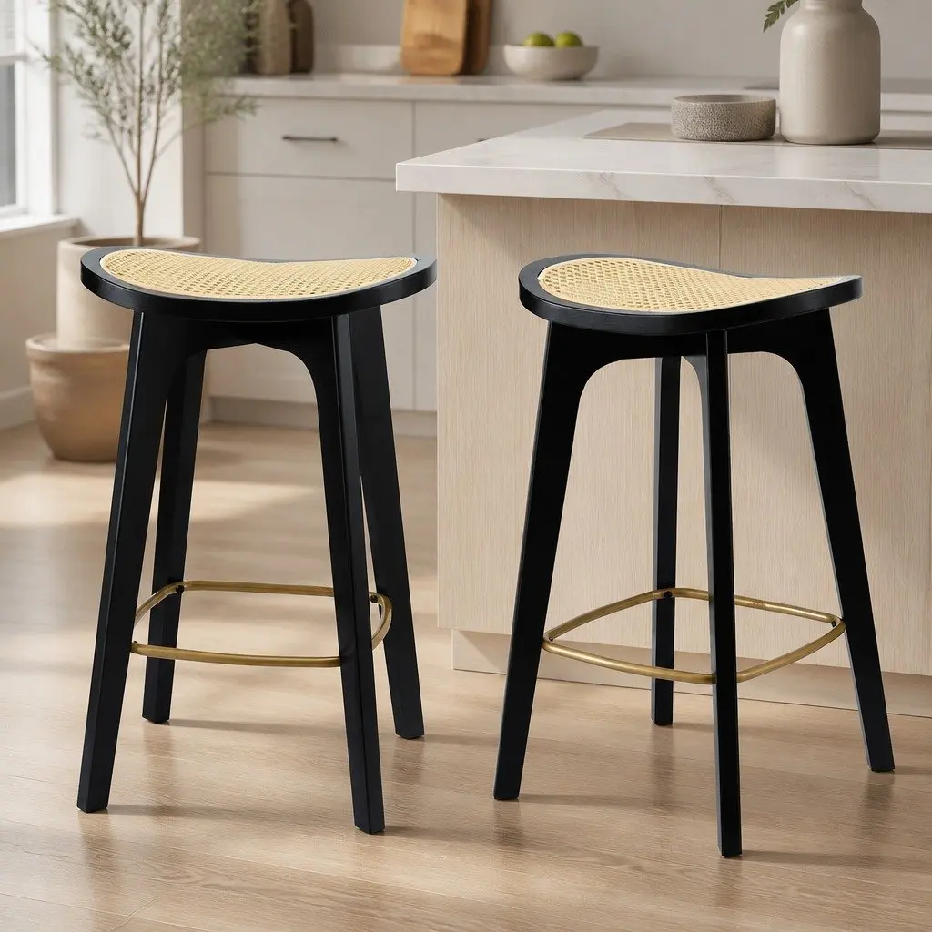 Bar Stools Set of 2 Rattan Woven Seat Backless Bamboo Frame Metal Footrest