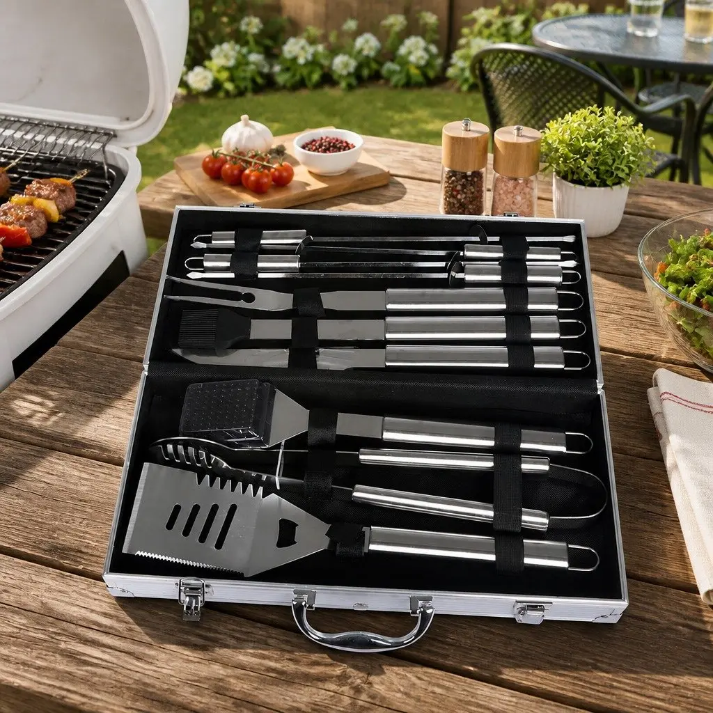 10 Piece BBQ Tool Set Stainless Steel Spatula Tongs Knife Fork Skewers Aluminium Case