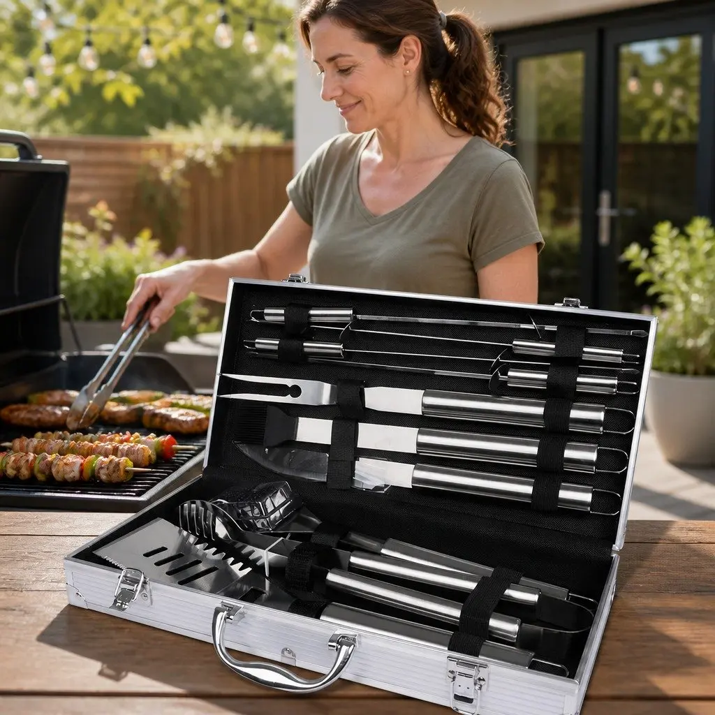 10 Piece BBQ Tool Set Stainless Steel Spatula Tongs Knife Fork Skewers Aluminium Case