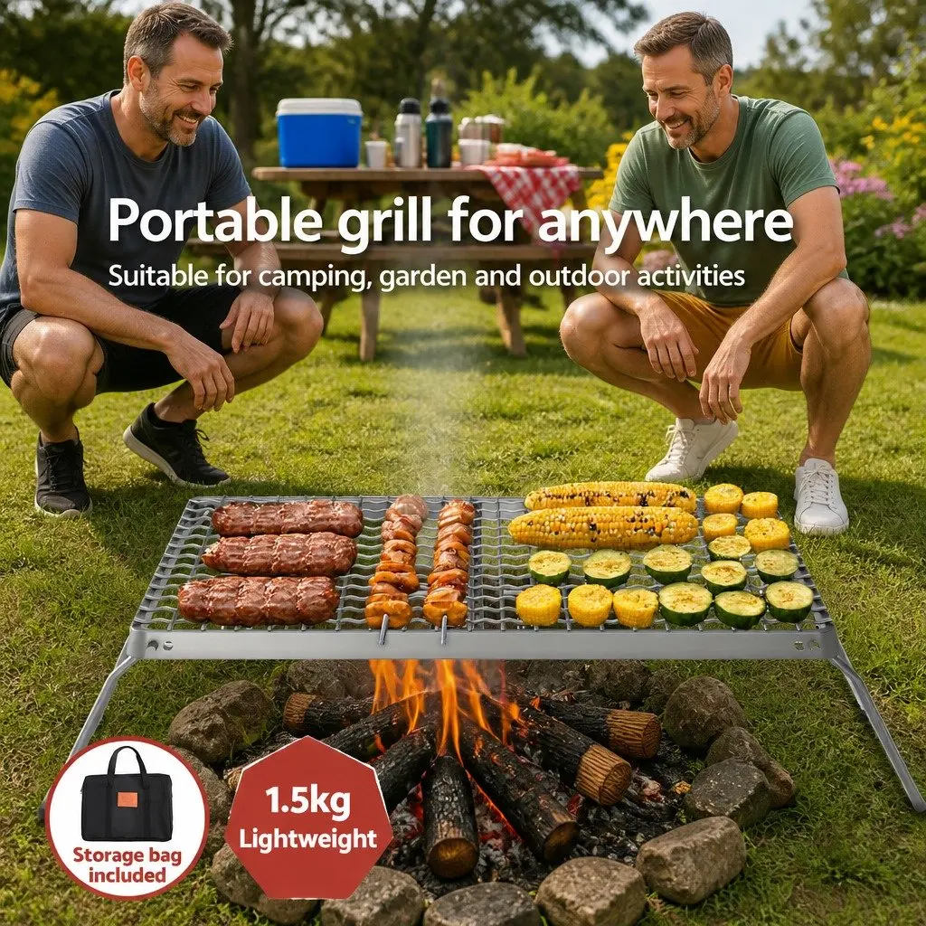 Portable BBQ Grill Stainless Steel Foldable Charcoal Smoker for Outdoor Cooking