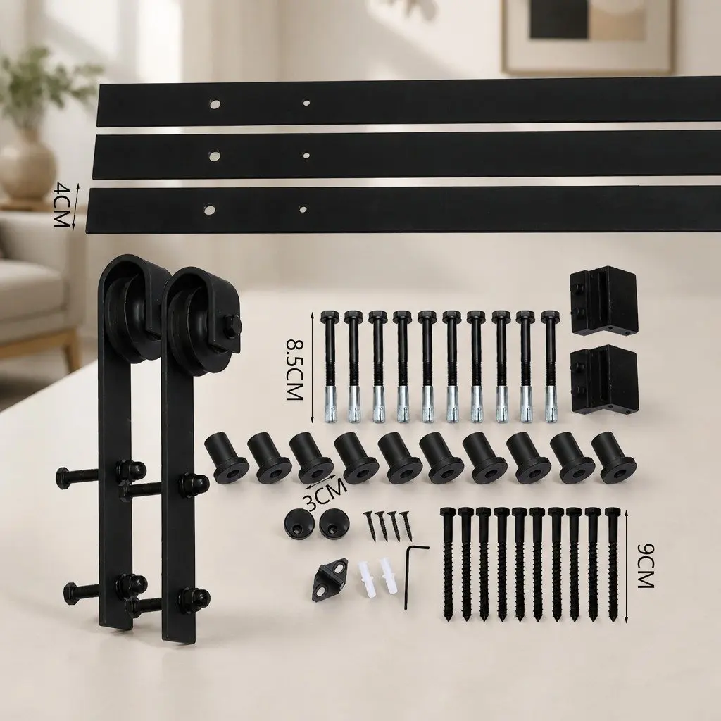 Sliding Barn Door Track Kit 3.66M Heavy-Duty Black Powder Coat Double Door Hardware Rail Rollers