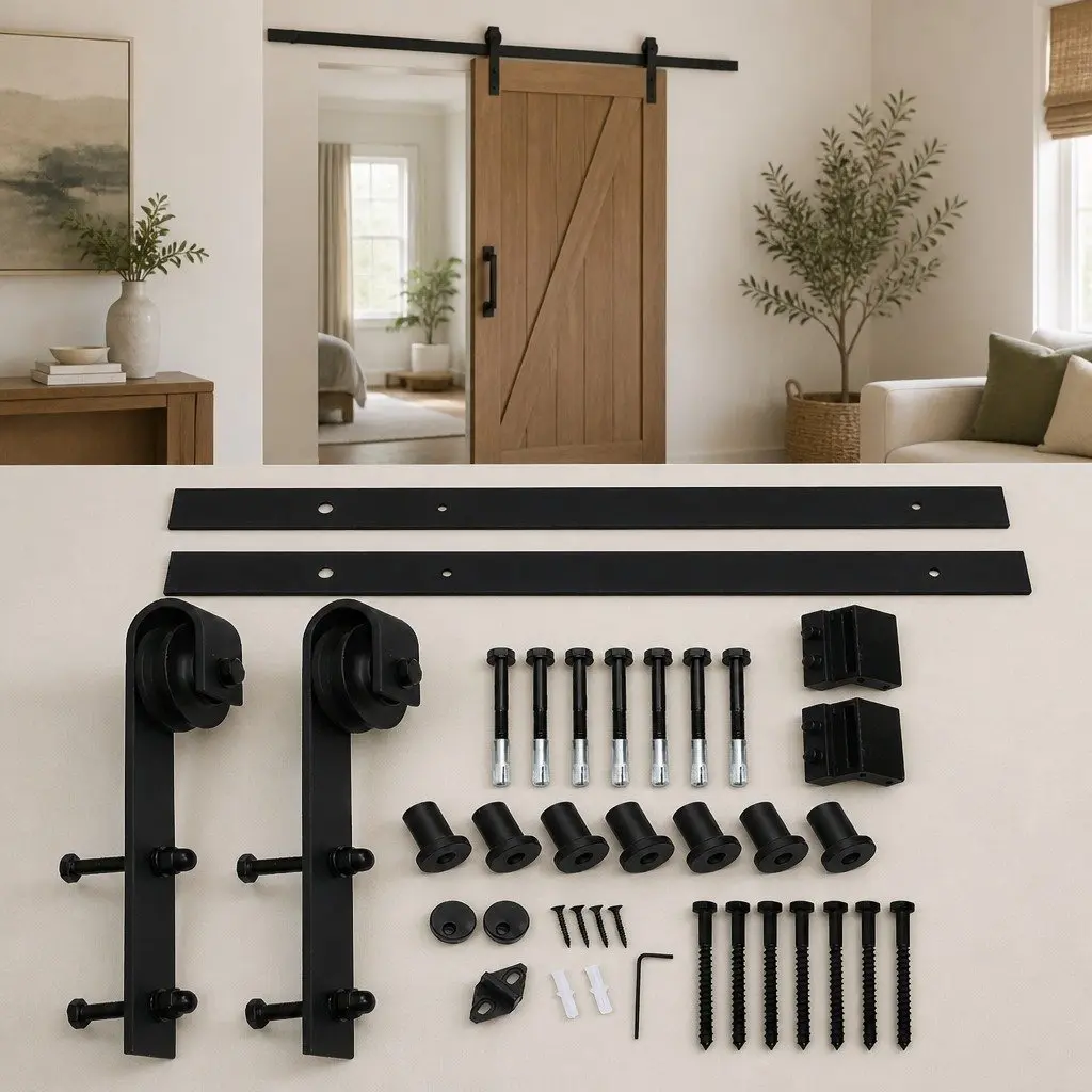 Sliding Barn Door Track Kit 3m to 6.1m Double Door Hardware Rail System Heavy Duty Black Powder Coated Carbon Steel