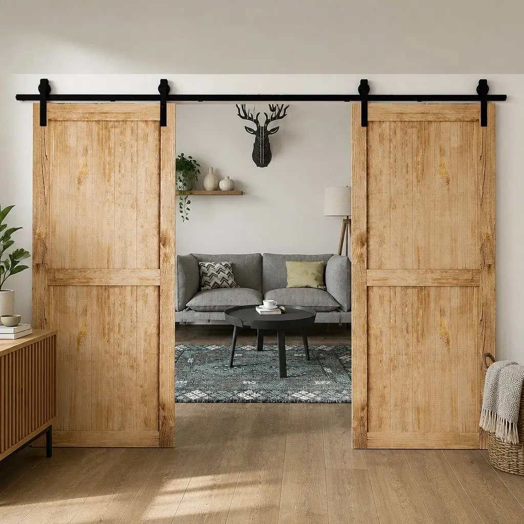 Sliding Barn Door Track Kit 3m to 6.1m Double Door Hardware Rail System Heavy Duty Black Powder Coated Carbon Steel