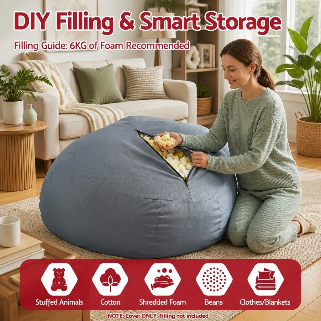 Bean Bag Chair Cover Grey Ergonomic L-Shape Water-Resistant