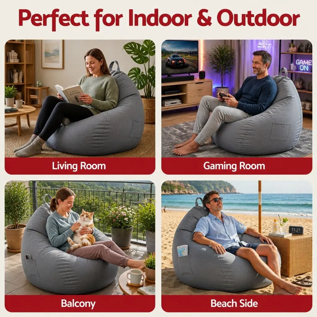 Bean Bag Chair Cover Grey Ergonomic L-Shape Water-Resistant