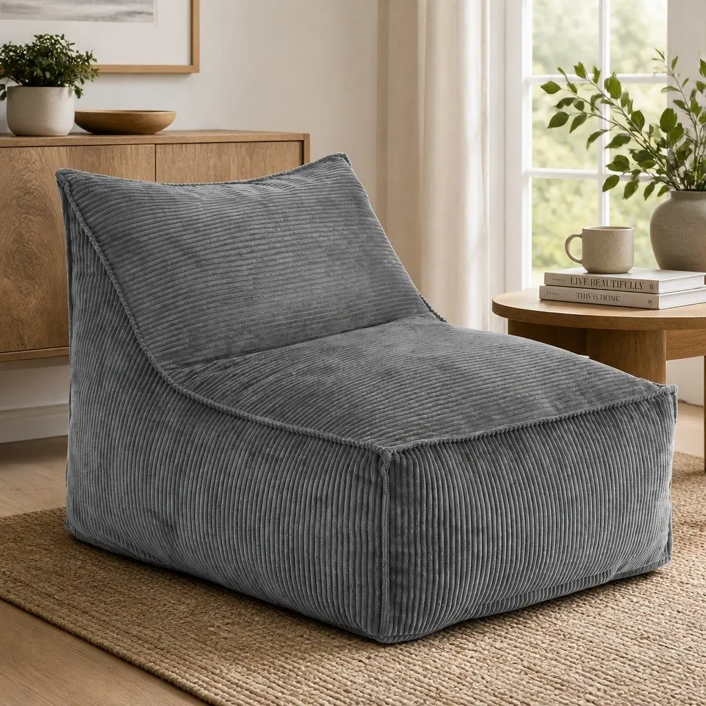 L-Shaped Bean Bag Chair Cover Grey Corduroy Soft Sofa Storage Lounger