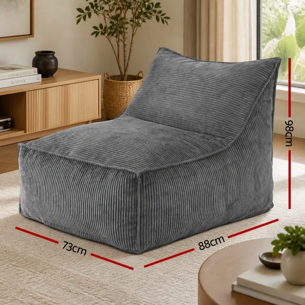 L-Shaped Bean Bag Chair Cover Grey Corduroy Soft Sofa Storage Lounger