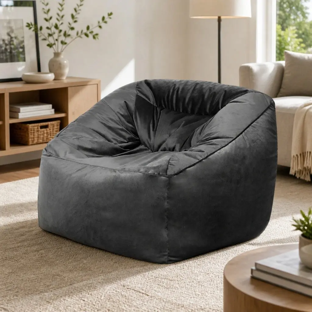Bean Bag Chair Cover 100x100x80cm Soft Velvet Dark Grey Easy Fill Zipper Portable