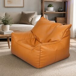 Bean Bag Chair Cover PU Leather Indoor Brown Relax Couch Easy Fill Zipper
