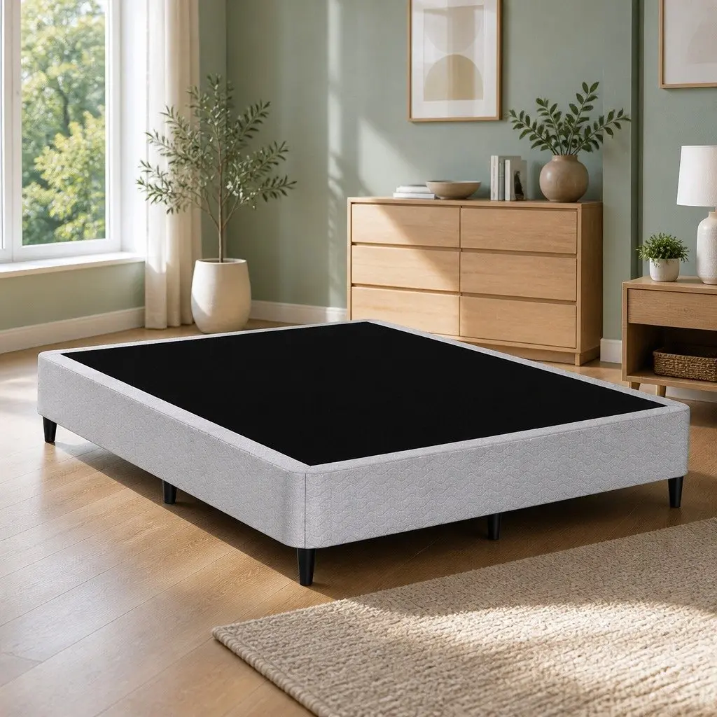 Double Bed Frame 137cm x 190cm Metal Grey Upholstered Fabric Slat Support