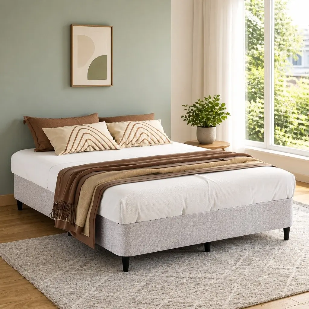 Double Bed Frame 137cm x 190cm Metal Grey Upholstered Fabric Slat Support