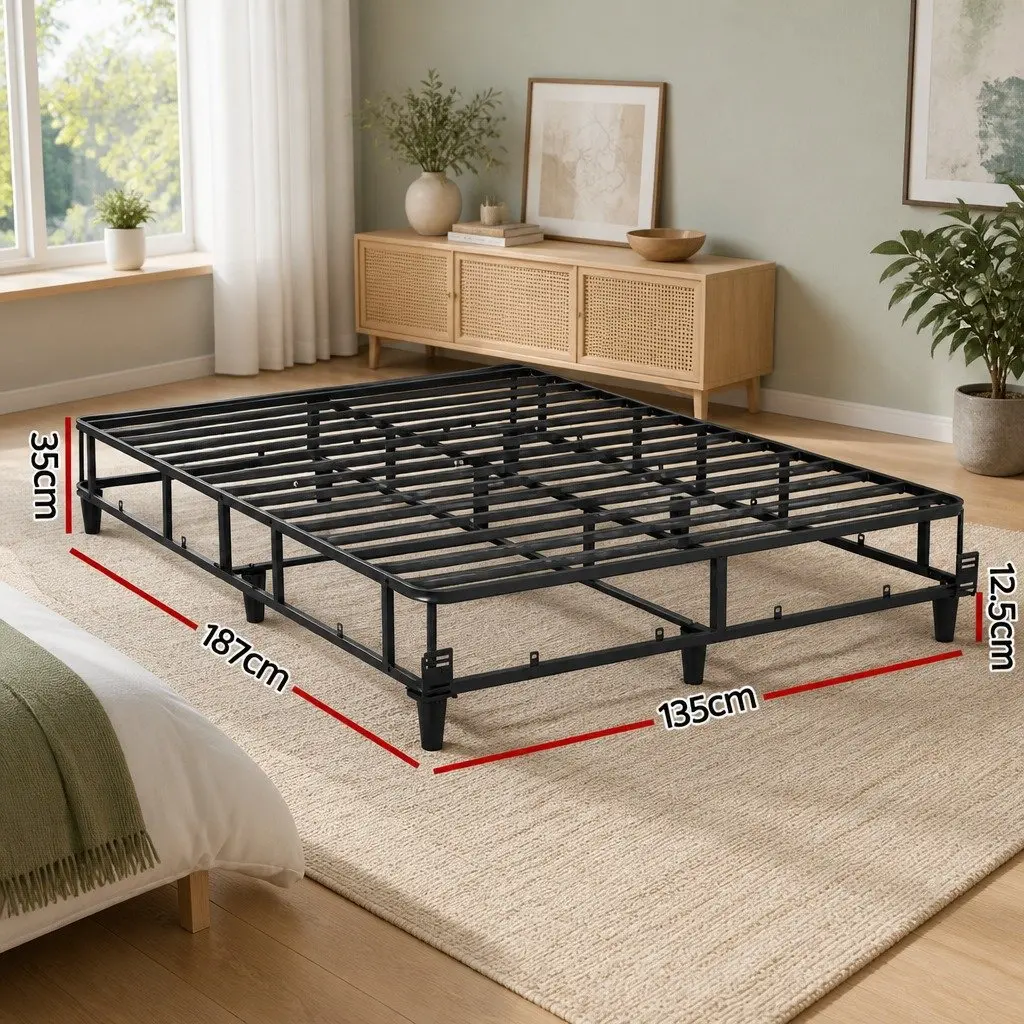 Double Bed Frame 137cm x 190cm Metal Grey Upholstered Fabric Slat Support