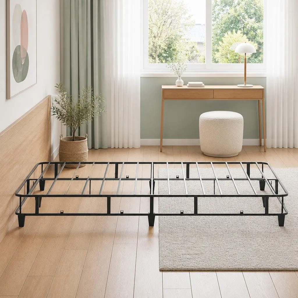 Double Bed Frame 137cm x 190cm Metal Grey Upholstered Fabric Slat Support
