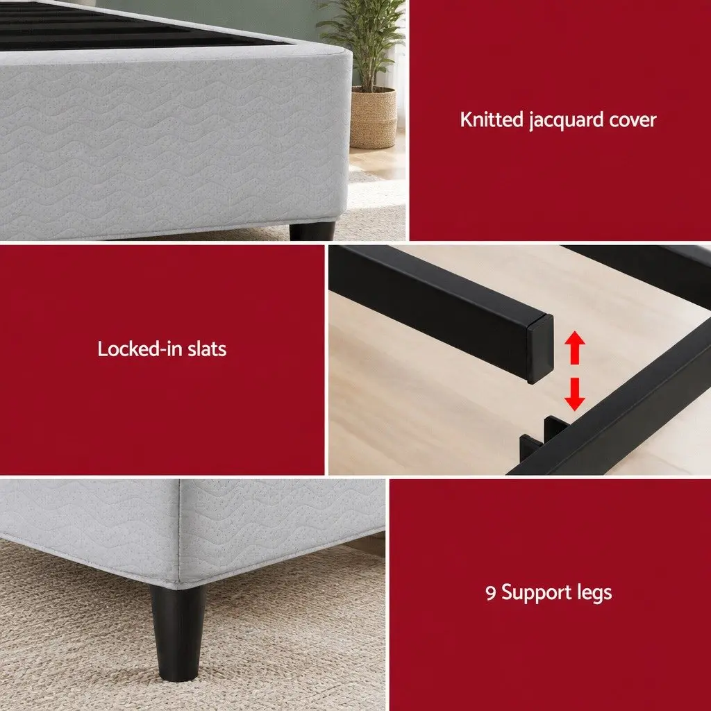 Double Bed Frame 137cm x 190cm Metal Grey Upholstered Fabric Slat Support