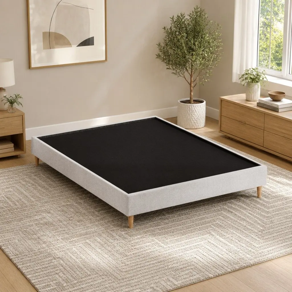 Queen Size Bed Frame Upholstered Beige Solid Wood Construction Wooden Slat Base