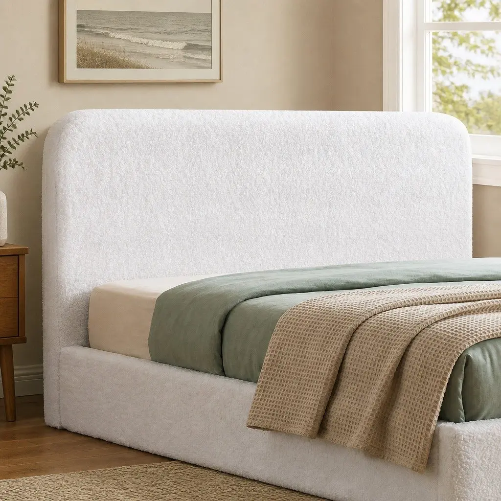 Double Headboard Bed Frame 155W x 99H cm Boucle Fabric Removable Washable Cover