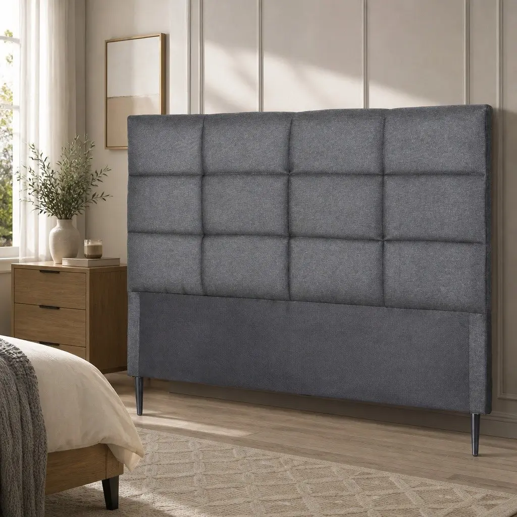 Double Bed Headboard 137cm Linen Fabric Grid Tufted Pattern Charcoal