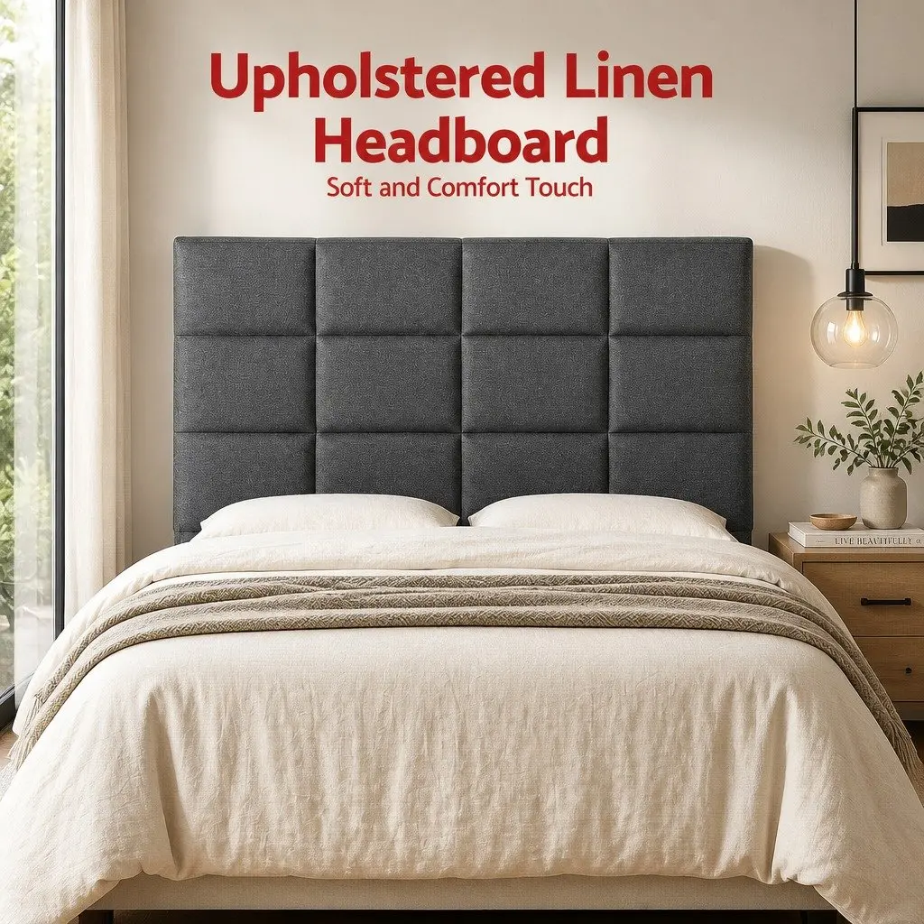 Double Bed Headboard 137cm Linen Fabric Grid Tufted Pattern Charcoal