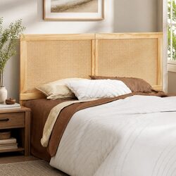 Queen Bed Headboard Rattan Pine Natural Rustic Boho Style Easy Assembly
