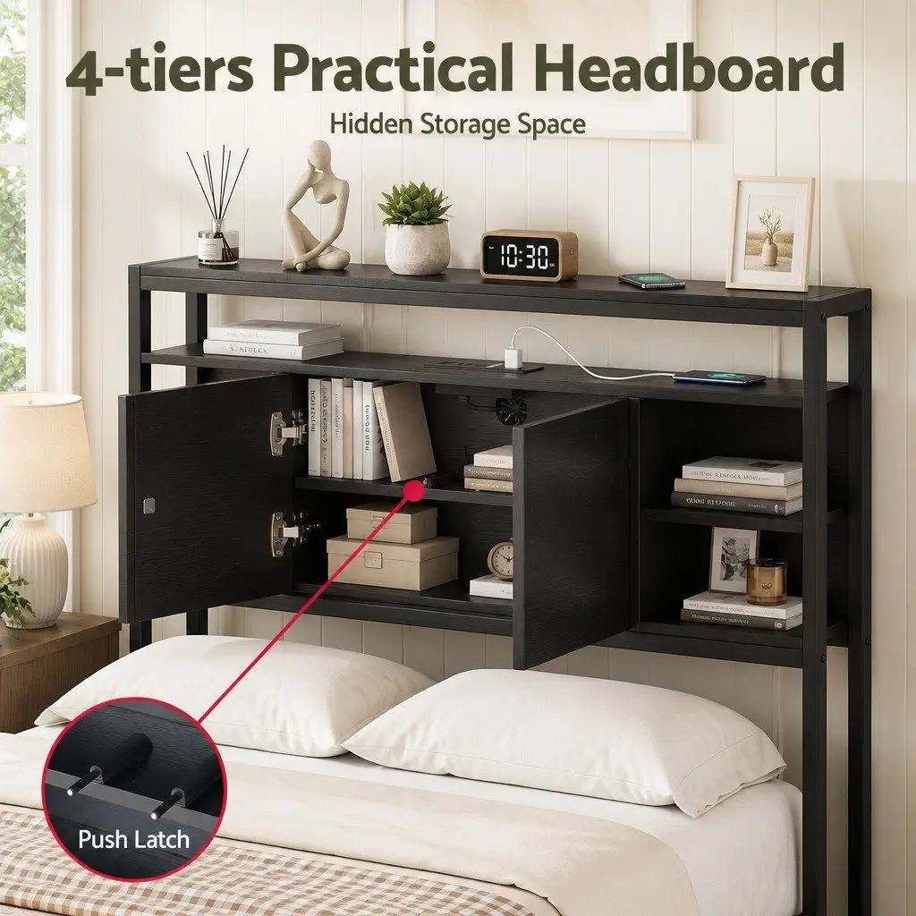 King Single Bed Headboard Black with Integrated Charging Station and Hidden Storage