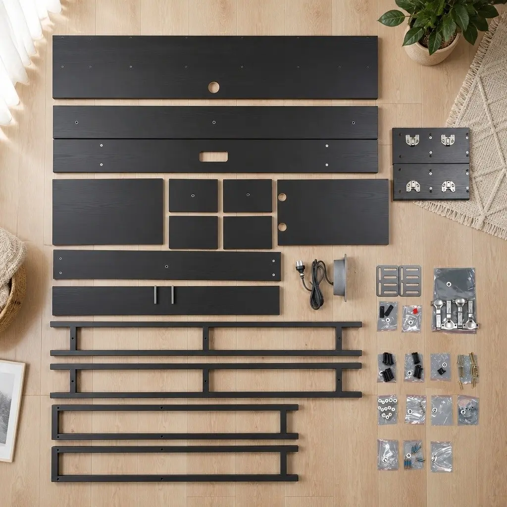 King Single Bed Headboard Black with Integrated Charging Station and Hidden Storage