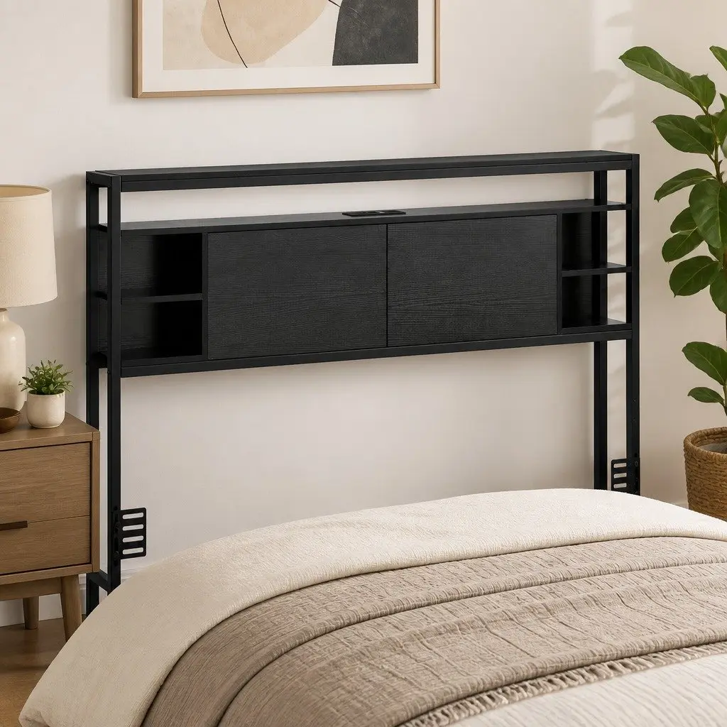 Queen Bed Headboard Black Storage with Charging Station Open Shelves