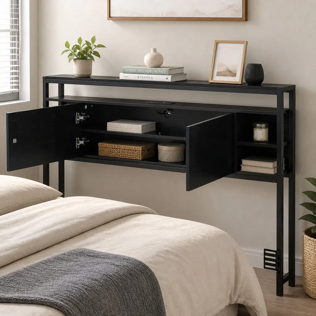 Queen Bed Headboard Black Storage with Charging Station Open Shelves