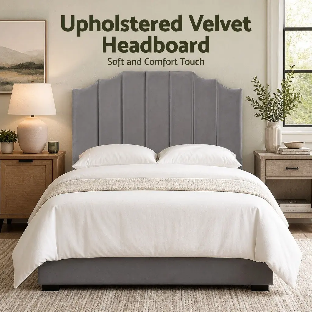 Double Bed Headboard 138cm Grey Velvet Art Deco Vertical Stripe Design