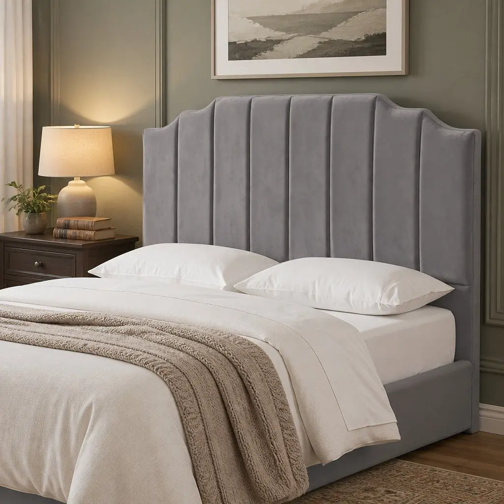 Queen Size Velvet Fabric Bed Headboard Grey