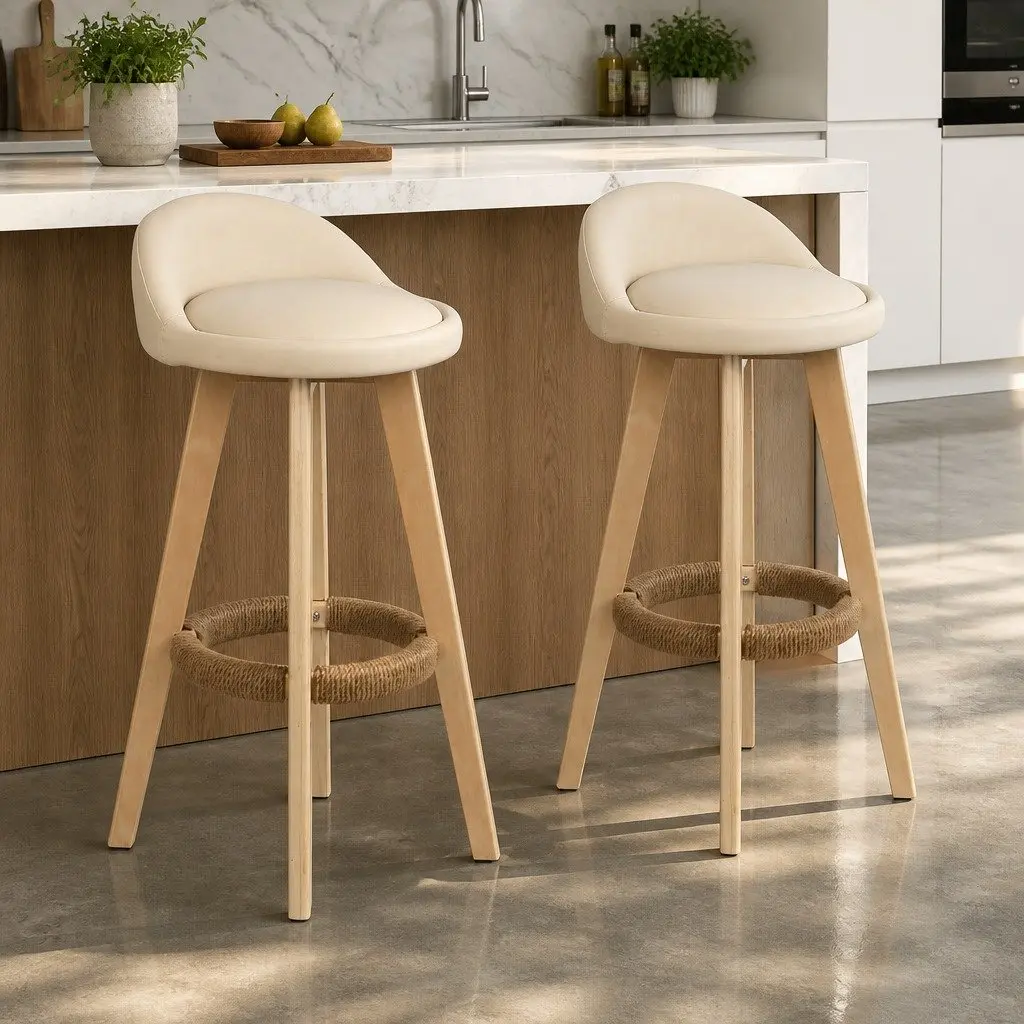 Bar Stools Padded Leather Wooden Beige Swivel 360 Degree Footrest Comfortable