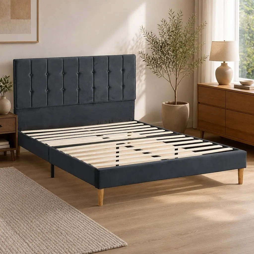 Queen Bed Frame with Padded Velvet Headboard
