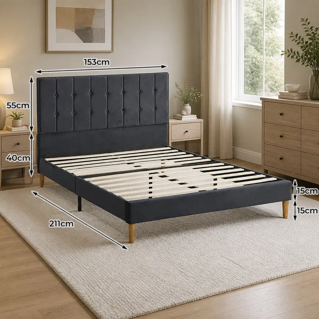 Queen Bed Frame with Padded Velvet Headboard