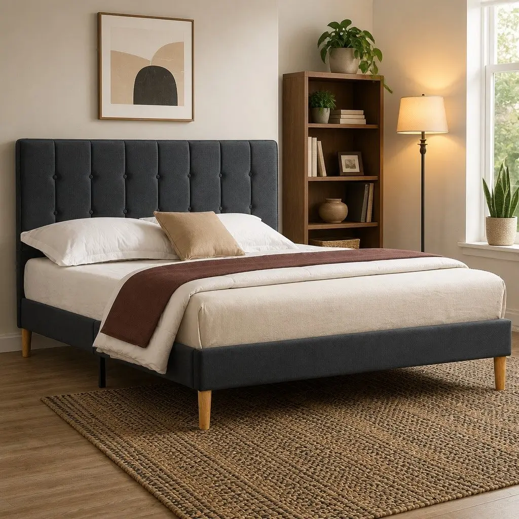 Queen Bed Frame with Padded Velvet Headboard