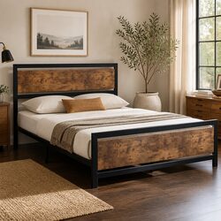 Metal Bed Frame Queen Size Industrial Design Steel Slats Storage Platform Base