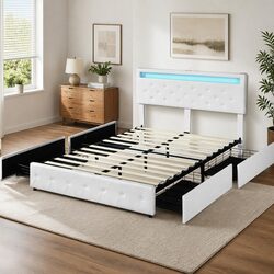 Queen Double Bed Frame with LED Storage and Charging Ports