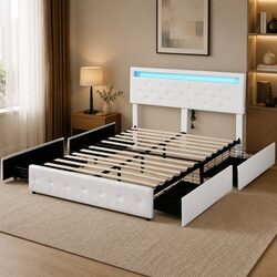 Queen Bed Frame with 4 Storage Drawers RGB LED Lights USB Charging Ports