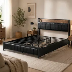 Queen Bed Frame with 4 Storage Drawers USB Charging Ports PU Headboard
