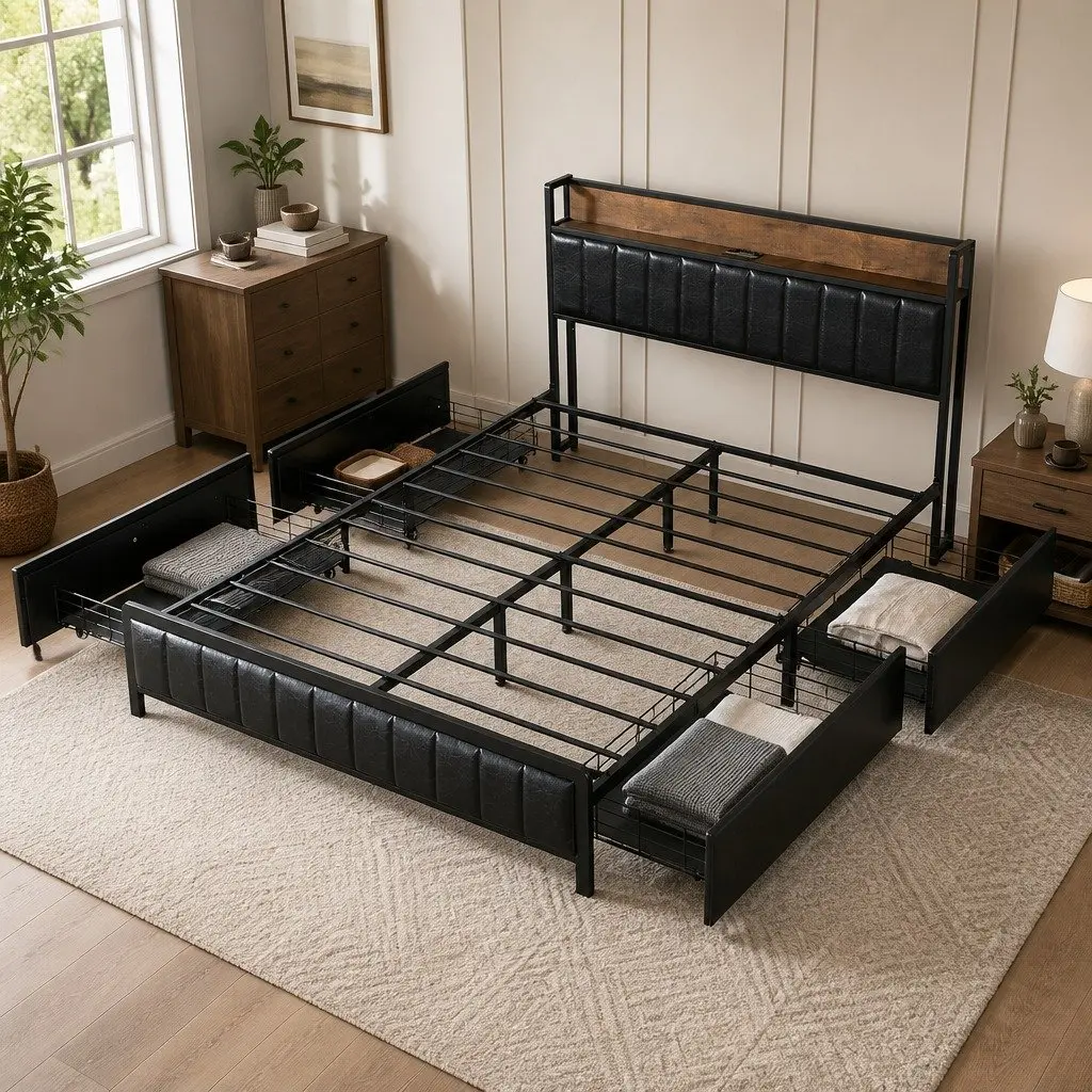 Queen Bed Frame with 4 Storage Drawers USB Charging Ports Faux Leather Headboard