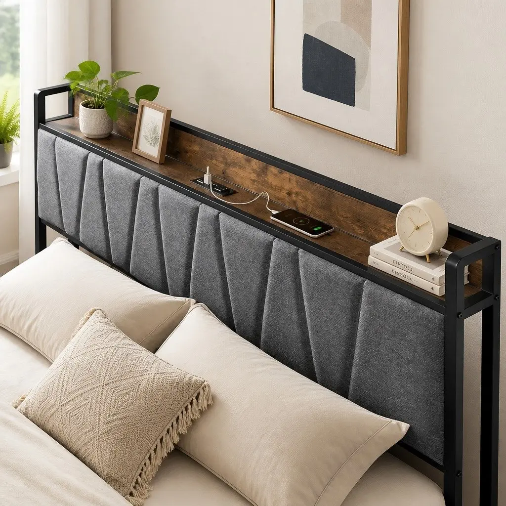 Queen Bed Frame with Upholstered Headboard & Power Access